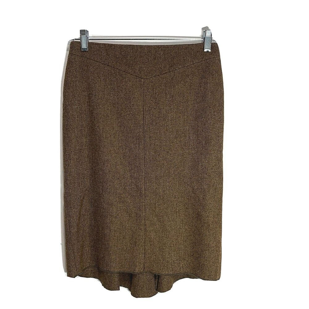 BCBGMaxAzria Pencil Skirt 2 Brown Tweed Stripe Bustle Back Hem Hi Low Career
